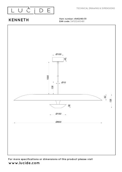 Lucide KENNETH - Pendant light - Ø 80 cm - LED Dim. - 1x22W 2700K - White - Premium
